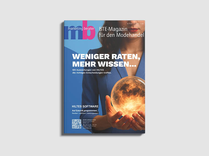 Das Titelbild einer Zeitschrift zeigt eine Frau im Anzug, die eine leuchtende Kugel hält. Die deutsche Schlagzeile lautet WENIGER RATEN, MEHR WISSEN... und die Publikation trägt den Titel marketing berater BTE-Magazin für den Modehandel.