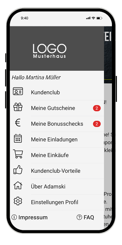 Ein Smartphone-Bildschirm, auf dem eine elegante Menüoberfläche von Hutter & Unger mit Optionen wie „Kundenclub“, „Meine Gutscheine“, „Meine Bonuschecks“, „Meine Einladungen“ und weiteren angezeigt wird. Neben den Menüpunkten „Gutscheine“ und „Bonuschecks“ fallen zwei rote Benachrichtigungssymbole ins Auge.